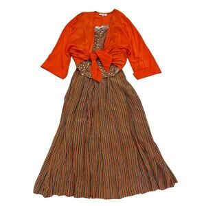 Vintage Bob Mackie 3-Piece Set | L, Sequin Shell, Tie Blouse, Skirt, Bold Stripe